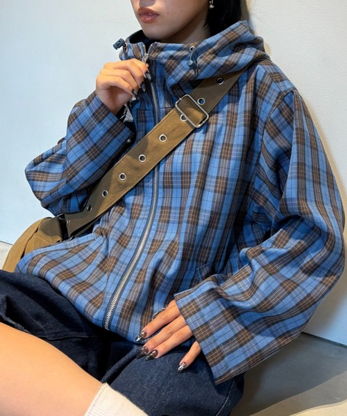 セール】【UNISEX】チェックフルジップシャツジャケット（ブルゾン