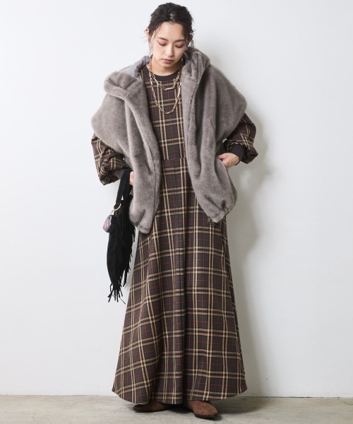 CHIC STYLE(シックスタイル)の「チェックパフスリーブロングワンピース<大きいサイズ有>シックスタイル(ワンピース・レディース・ブラウン系/グレー系・M/L/LL/3L/4L/5L)」の7枚目の写真