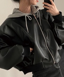 ADDITION STORE(AfBVXgA)̃t[ht ChVGbg tFCN U[WPbg iV[gAChVGbgj / Hooded Wide Silhouette Faux Leather Jacket(C_[XWPbg)