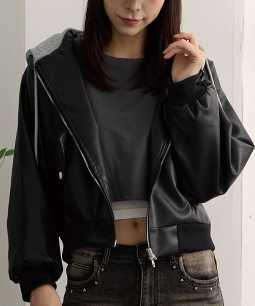 セール】フード付き ワイドシルエット フェイク レザー