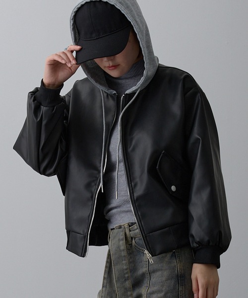セール】フード付き ワイドシルエット フェイク レザージャケット