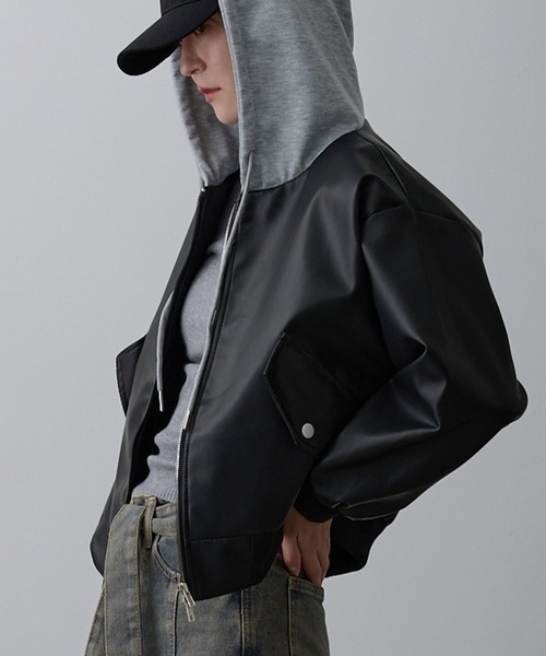 セール】フード付き ワイドシルエット フェイク レザージャケット