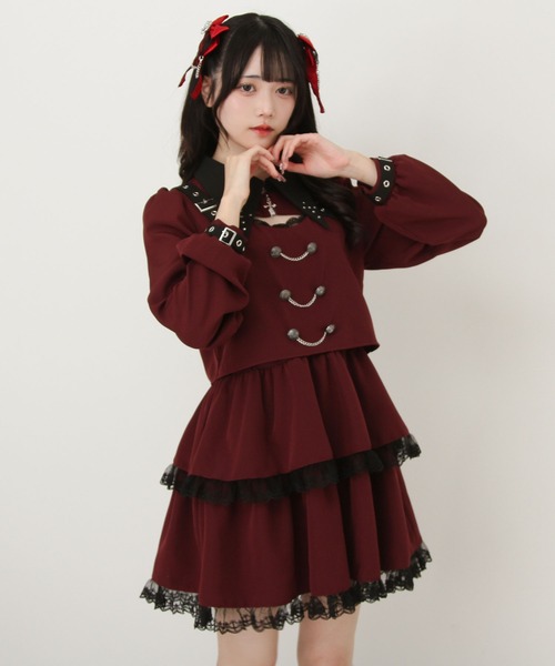 DearMyLove(ディアマイラブ)の「角襟十字架スタッズベルトティアードワンピース(ワンピース・レディース・ボルドー/パープル/チェック/ストライプ・MEDIUM/LARGE/LL/3L)」の8枚目の写真