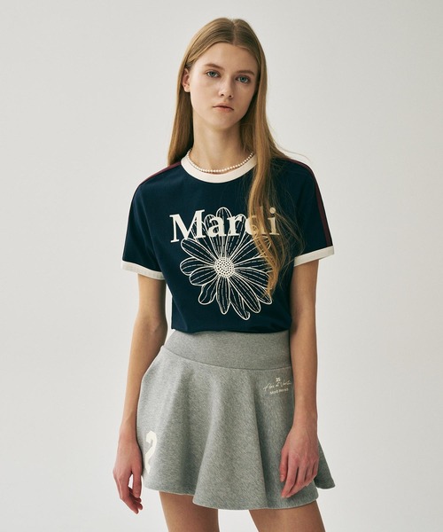 Mardi Mercredi(マルディメクルディ)の「SLIM RINGER TSHIRT FLOWERMARDI / スリム リンガー Tシャツ フラワーマルディ(Tシャツ/カットソー・レディース・クリーム/ネイビー/アイボリー・FREE)」の4枚目の写真