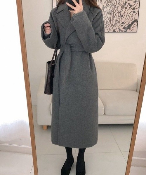 セール】ベルト付きニットメルトンロングコート（チェスターコート