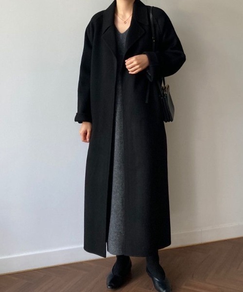セール】ベルト付きニットメルトンロングコート（チェスターコート