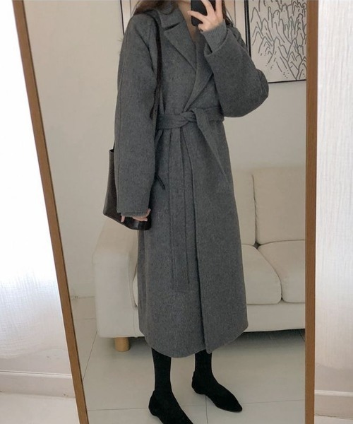 セール】ベルト付きニットメルトンロングコート（チェスターコート