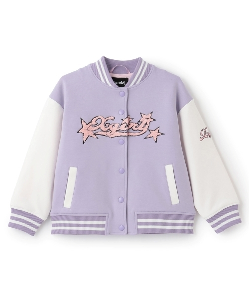 X-girl Stages(エックスガールステージス)の「ロゴ刺しゅうダンボールニットスタジャン(スタジャン・キッズ・ブラック/ラベンダー・130cm/110cm/120cm/140cm/100cm/90cm)」の1枚目の写真