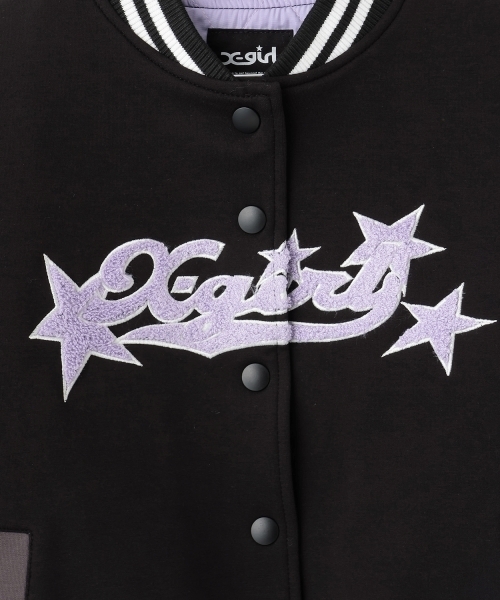 X-girl Stages(エックスガールステージス)の「ロゴ刺しゅうダンボールニットスタジャン(スタジャン・キッズ・ブラック/ラベンダー・130cm/110cm/120cm/140cm/100cm/90cm)」の5枚目の写真