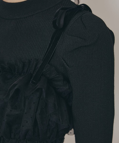 REDYAZEL(レディアゼル)の「ベロアリボンチュールビスチェ×ニットトップス(Tシャツ/カットソー・レディース・ブラック/オフホワイト/ピンク/ネイビー・FREE)」の13枚目の写真