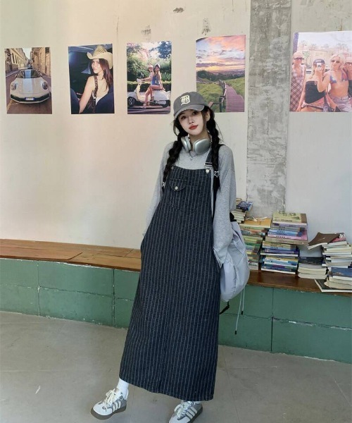 almo（アルモ）の「【portulaca】ストライプデニムジャンパースカート（デニムスカート・レディース・ネイビー・FREE）」の3枚目の写真