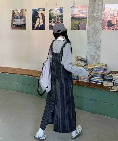 almo（アルモ）の「【portulaca】ストライプデニムジャンパースカート（デニムスカート・レディース・ネイビー・FREE）」の4枚目の写真