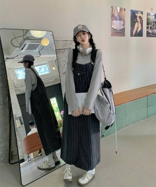 almo（アルモ）の「【portulaca】ストライプデニムジャンパースカート（デニムスカート・レディース・ネイビー・FREE）」の5枚目の写真