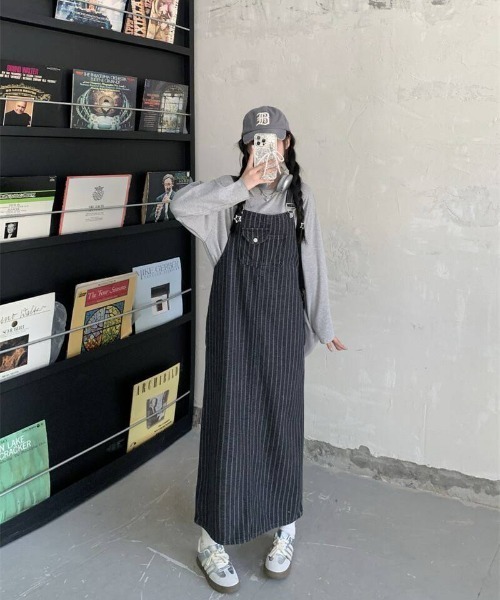 almo（アルモ）の「【portulaca】ストライプデニムジャンパースカート（デニムスカート・レディース・ネイビー・FREE）」の6枚目の写真