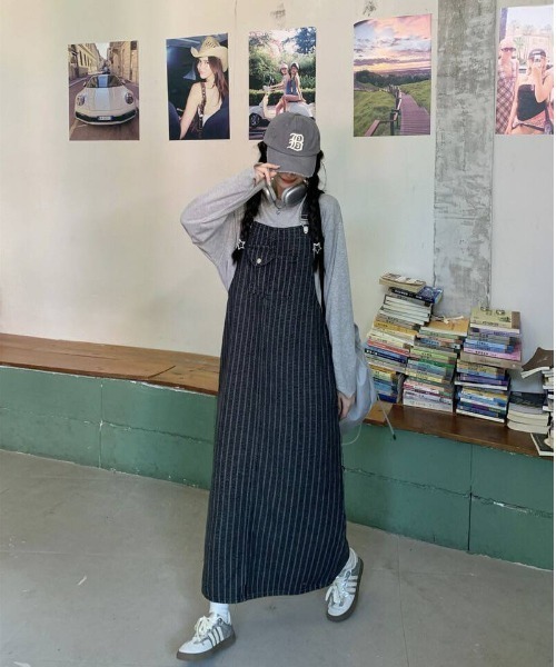 almo（アルモ）の「【portulaca】ストライプデニムジャンパースカート（デニムスカート・レディース・ネイビー・FREE）」の7枚目の写真