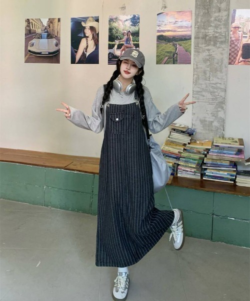 almo（アルモ）の「【portulaca】ストライプデニムジャンパースカート（デニムスカート・レディース・ネイビー・FREE）」の8枚目の写真