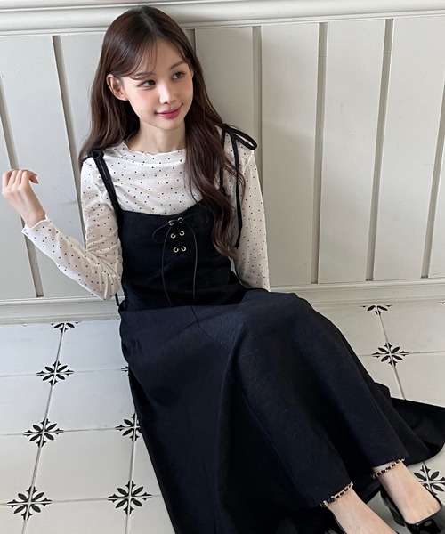 美品　レキップ　バンドカラーロングワンピース　リボン　比翼仕立て　黒 ワンピース 「mikuさん×Erikaさんコラボ」リボンデザインキャミワンピ