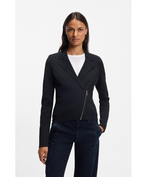 BOSS(ボス)の「ニットブレザー アシンメトリーフロントジップ(テーラードジャケット・レディース・ダークブルー/ホワイト・XS/M/S/L/XL)」の1枚目の写真