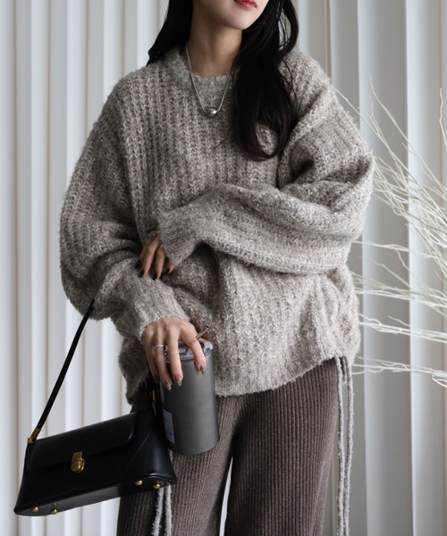 YENNA（イェンナ）の「【大人可愛いミックスニット】ミックスシャーリングビックニット（ニット/セーター・レディース・ベージュ/グリーン/ピンク/ブルー・FREE）」の7枚目の写真