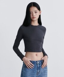 ウィメンズスリムクロップクルーネック長袖Tシャツ[ダークグレー]