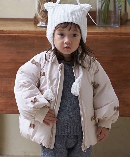 petit main(프티 마인)의 「【링크/씻을 수 있는】치비 리본 안솜 재킷(블루존)」｜라이트 베이지