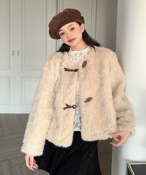 ジャスミングランディフローラム（Jasmine Grandiflorum）/【Jasmine】ノーカラーショートボアコート セール】【Jasmine】ノーカラーショートボアコート（ノーカラーコート