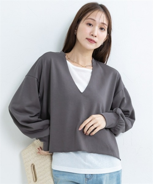 Petitjo(プッチージョ)の「小さいサイズ 深Vネックスウェットプルオーバー 低身長さん・小柄女性(スウェット・レディース・チャコール・M-L/XS-S)」の1枚目の写真