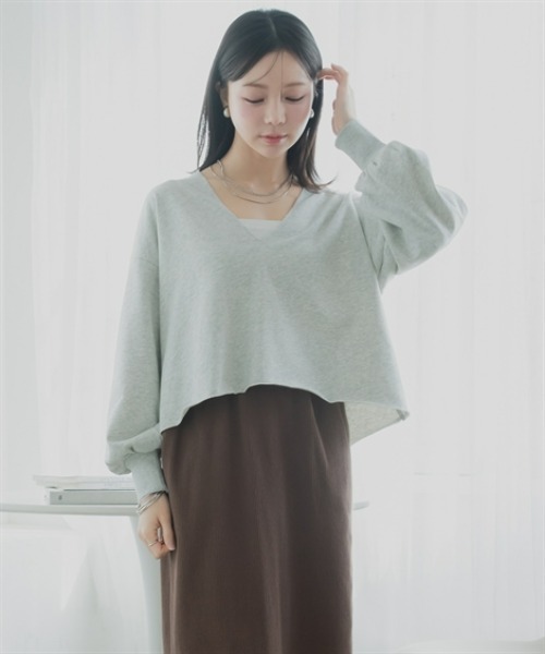Petitjo(プッチージョ)の「小さいサイズ 深Vネックスウェットプルオーバー 低身長さん・小柄女性(スウェット・レディース・チャコール/ライトグレー・M-L/XS-S)」の6枚目の写真