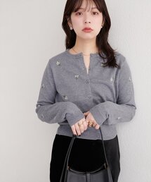 PBTフラワー刺繍クロップドカーディガン