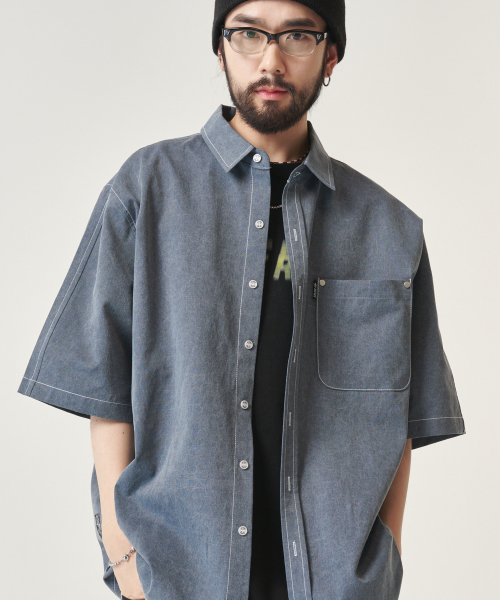 Pigment Rivet Short Sleeve Shirt Blue