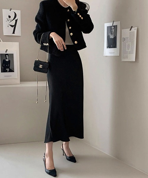 shopnikoniko(ショップニコニコ)の「ブークレ ウールライク ショート丈 ノーカラージャケット(ノーカラージャケット・レディース・ブラック/ホワイト・フリー)」の5枚目の写真