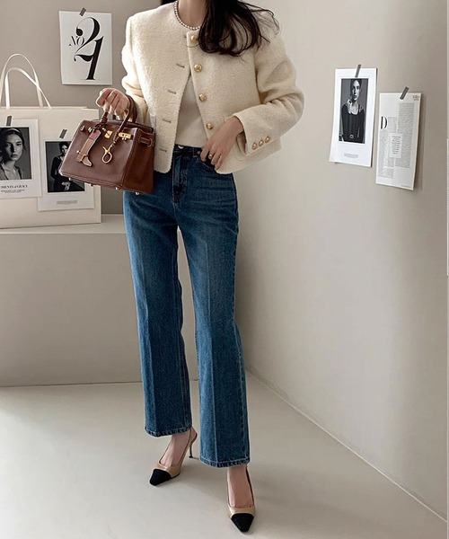 shopnikoniko(ショップニコニコ)の「ブークレ ウールライク ショート丈 ノーカラージャケット(ノーカラージャケット・レディース・ブラック/ホワイト・フリー)」の7枚目の写真