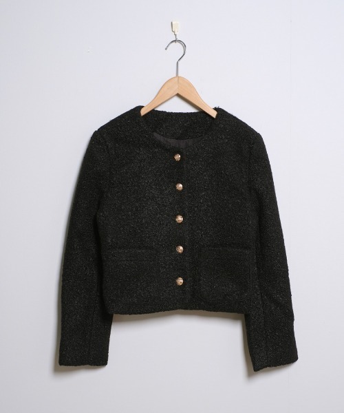 shopnikoniko(ショップニコニコ)の「ブークレ ウールライク ショート丈 ノーカラージャケット(ノーカラージャケット・レディース・ブラック/ホワイト・フリー)」の8枚目の写真