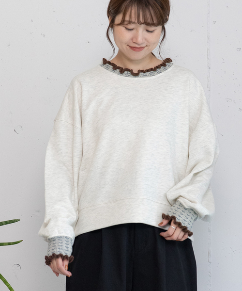 POU DOU DOU（プードゥドゥ）の「ニット付属使いトレーナー（スウェット・レディース・オートミール/ダークグレー/ブルー・M）」の2枚目の写真