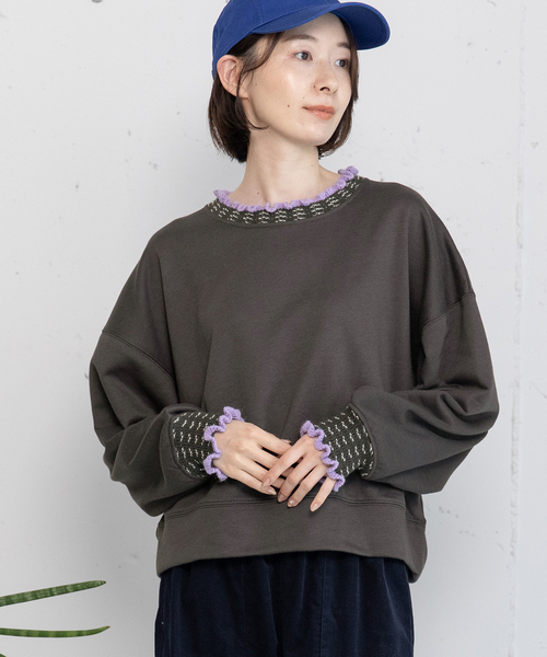 POU DOU DOU（プードゥドゥ）の「ニット付属使いトレーナー（スウェット・レディース・オートミール/ダークグレー/ブルー・M）」の12枚目の写真