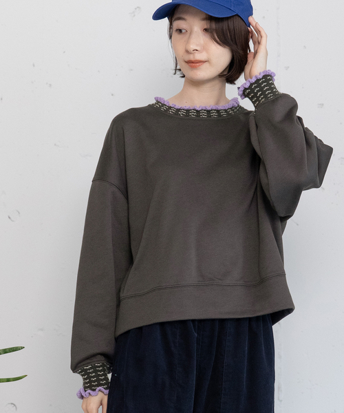 POU DOU DOU（プードゥドゥ）の「ニット付属使いトレーナー（スウェット・レディース・オートミール/ダークグレー/ブルー・M）」の13枚目の写真