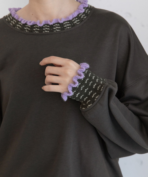 POU DOU DOU（プードゥドゥ）の「ニット付属使いトレーナー（スウェット・レディース・オートミール/ダークグレー/ブルー・M）」の18枚目の写真