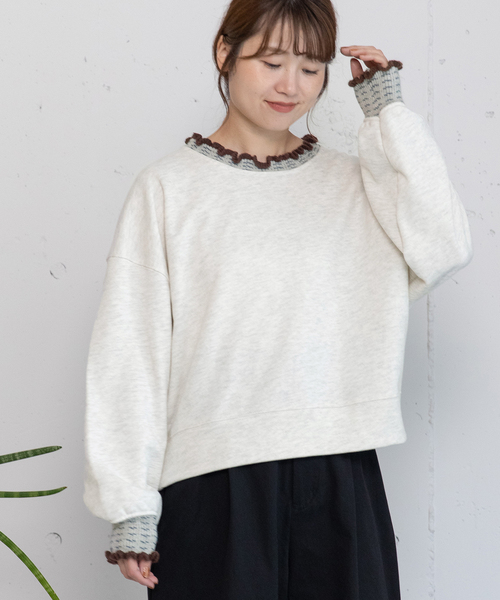 POU DOU DOU（プードゥドゥ）の「ニット付属使いトレーナー（スウェット・レディース・オートミール/ダークグレー/ブルー・M）」の19枚目の写真
