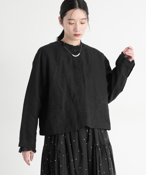studio CLIP（スタディオクリップ）の「《natural by clip》フレンチリネンジャケット×スカート[プチサイズあり]（スーツセット・レディース・ブラック/ベージュ・FREE/PF）」の3枚目の写真