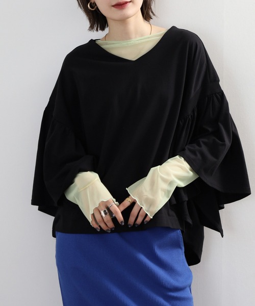 atONE(アットワン)の「ドロップショルダーギャザースリーブカットソー(Tシャツ/カットソー・レディース・ホワイト/チャコールグレー/カーキ/ブラック・4L~5L/LL~3L/M-L)」の6枚目の写真