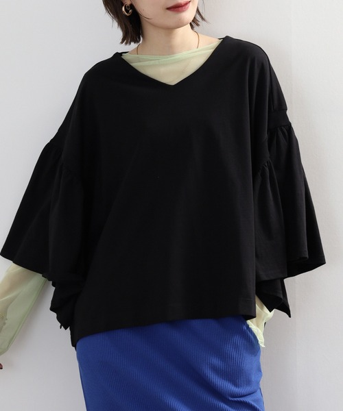 atONE(アットワン)の「ドロップショルダーギャザースリーブカットソー(Tシャツ/カットソー・レディース・ホワイト/チャコールグレー/カーキ/ブラック・4L~5L/LL~3L/M-L)」の7枚目の写真
