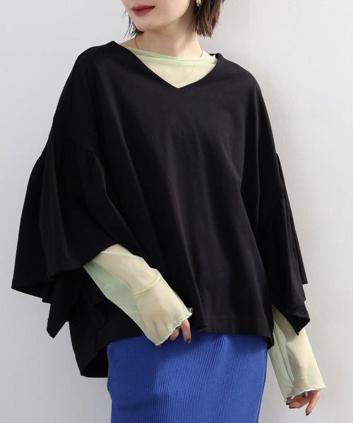 atONE(アットワン)の「ドロップショルダーギャザースリーブカットソー(Tシャツ/カットソー・レディース・ホワイト/チャコールグレー/カーキ/ブラック・4L~5L/LL~3L/M-L)」の8枚目の写真