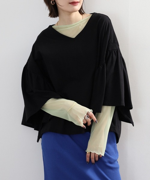 atONE(アットワン)の「ドロップショルダーギャザースリーブカットソー(Tシャツ/カットソー・レディース・ホワイト/チャコールグレー/カーキ/ブラック・4L~5L/LL~3L/M-L)」の9枚目の写真
