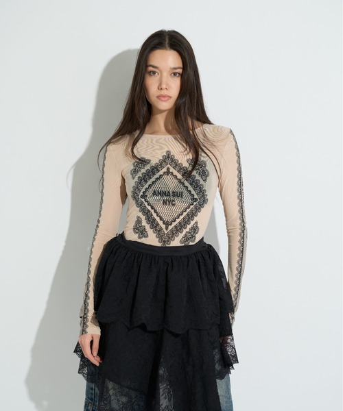 ANNA SUI NYC（アナ スイ エヌ ワイ シー）の「レースプリントシアートップス（Tシャツ/カットソー・レディース・ベージュ/パープル/ブラック・FREE）」の3枚目の写真