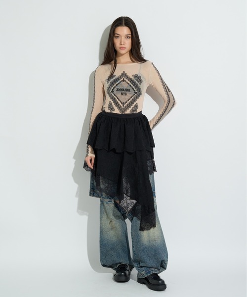 ANNA SUI NYC（アナ スイ エヌ ワイ シー）の「レースプリントシアートップス（Tシャツ/カットソー・レディース・ベージュ/パープル/ブラック・FREE）」の6枚目の写真