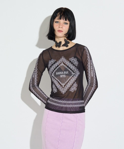 anna sui nyc(アナ スイ エヌ ワイ シー)の「レースプリントシアートップス(Tシャツ/カットソー・レディース・ベージュ/パープル/ブラック・FREE)」の6枚目の写真