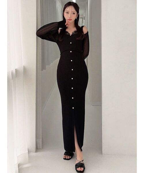 RESEXXY（リゼクシー）の「レースレイヤードリブニットワンピース（ワンピース・レディース・ブルー/ブラック/ピンク・FREE）」の4枚目の写真