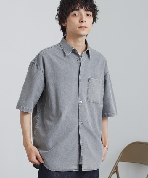 セール】フェード加工 ルーズ レギュラーカラー 半袖デニムシャツ