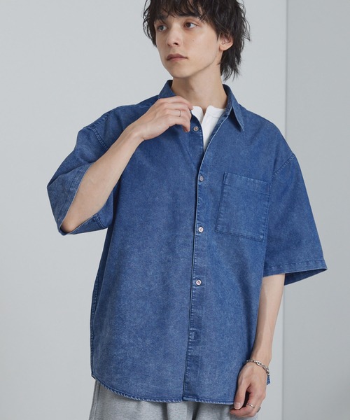 フェード加工 ルーズ レギュラーカラー 半袖デニムシャツ（シャツ