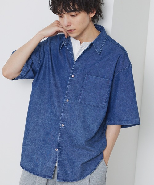 フェード加工 ルーズ レギュラーカラー 半袖デニムシャツ MONO-MART